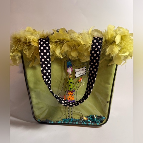 Handbags - Green Feather Tote Bag with Sequins and Polka Dot Handles